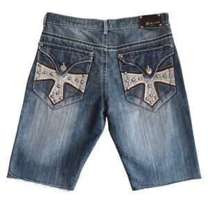 Y2K Stonewashed Studded Denim Shorts Cross Jorts Men Size 32